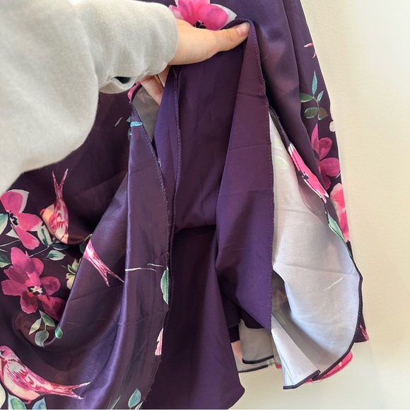 Mac Duggal Ieena Purple One Shoulder Long Sleeve Floral Pink Wedding Guest Dress - Picture 15 of 16